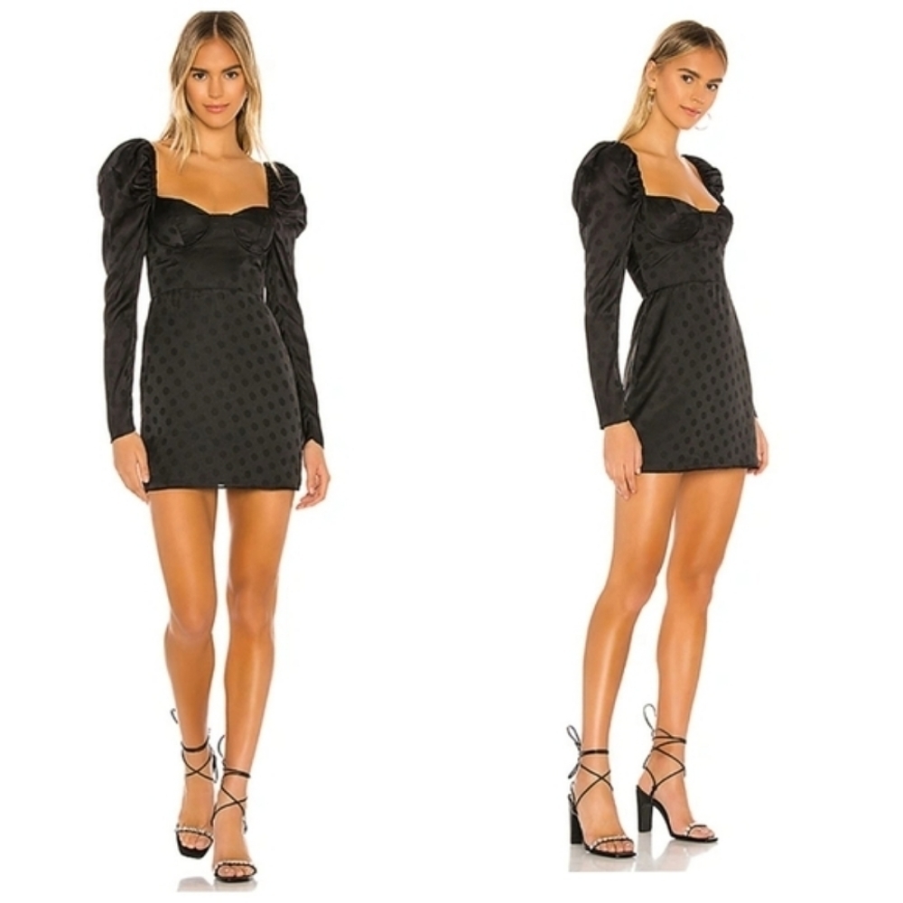 Lovers + Friends Katri Jacquard Puff Sleeve Cocktail Polka Dot Dress Black Med